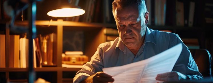 A man under a warm desk lamp carefully reviewing documents during a background check process