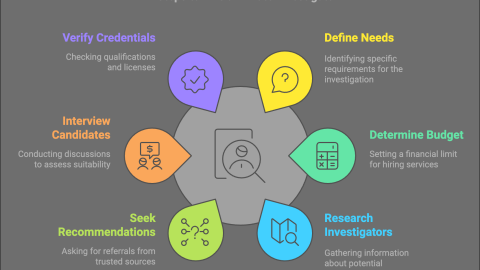 Infographic showing the six essential steps to hire a private investigator
