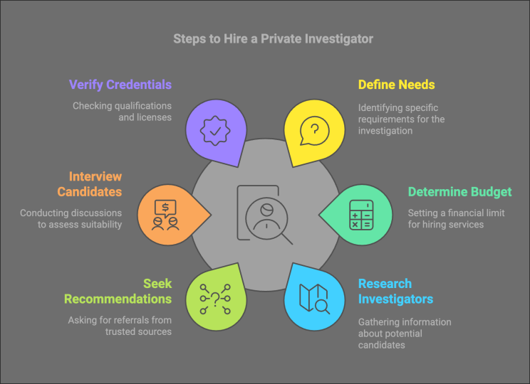 Infographic showing the six essential steps to hire a private investigator