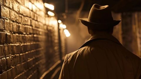 A person in a trench coat and fedora walking through a dimly lit alley