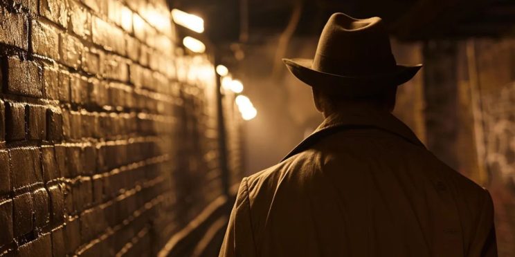 A person in a trench coat and fedora walking through a dimly lit alley