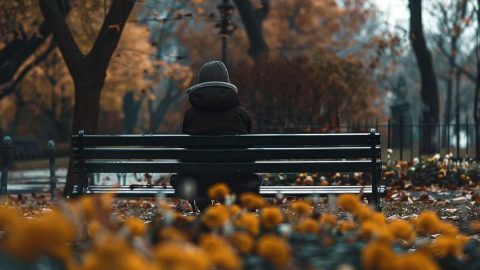 Person sitting alone on a park bench in autumn