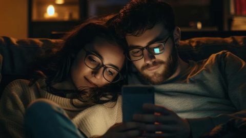 Couple lying together on a couch while looking at a phone screen in a dimly lit room