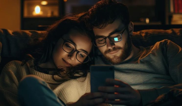 Couple lying together on a couch while looking at a phone screen in a dimly lit room