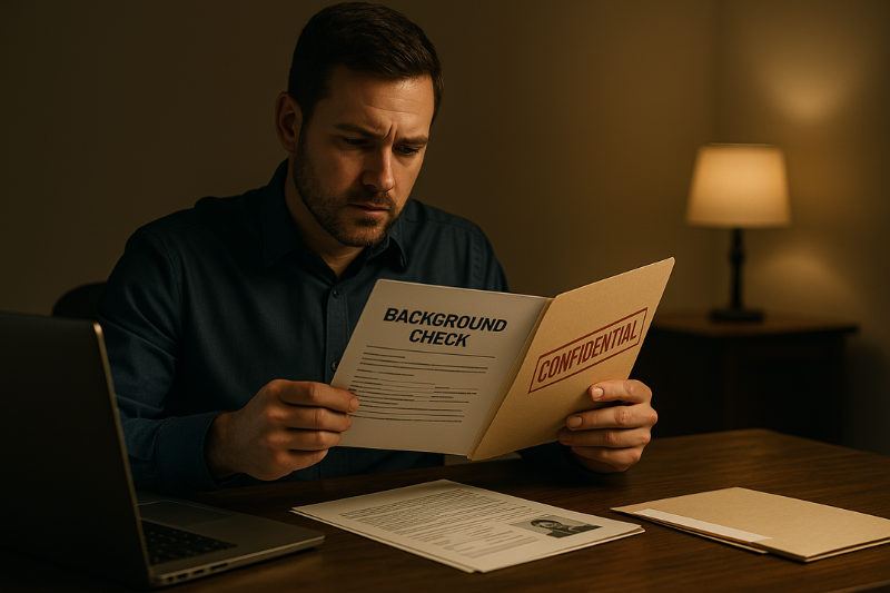 Private investigator reviewing background check records