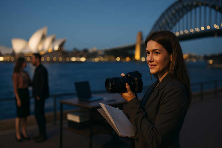 Female private investigator observing discreetly from a distance during a surveillance operation.