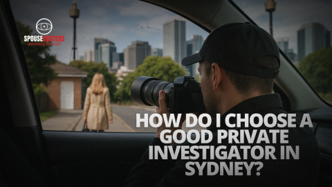 Private investigator using a camera from inside a vehicle to discreetly follow a woman in a city setting