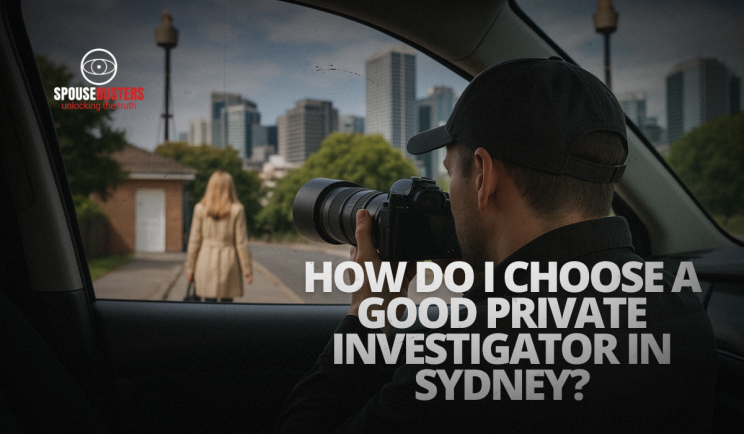 Private investigator using a camera from inside a vehicle to discreetly follow a woman in a city setting