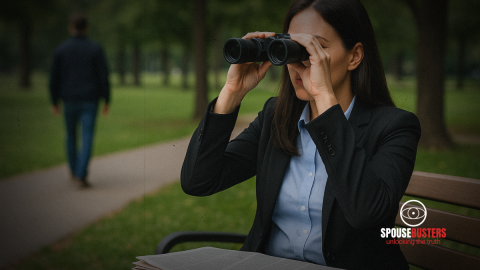 female private investigator using binoculars in park