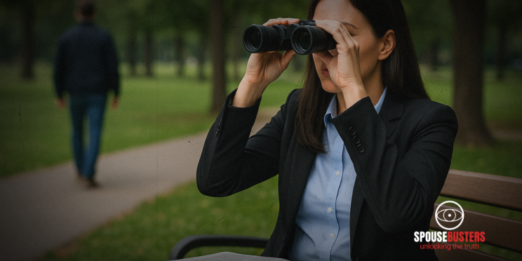 female private investigator using binoculars in park