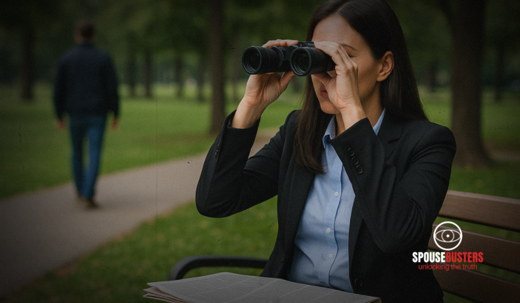 female private investigator using binoculars in park