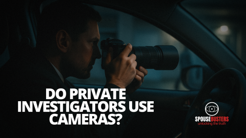 Private investigator inside a vehicle using a DSLR camera with a zoom lens during surveillance