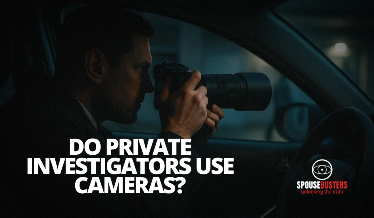 Private investigator inside a vehicle using a DSLR camera with a zoom lens during surveillance