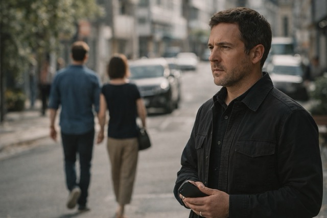 Private investigator stands on a city street maintaining situational awareness while people walk ahead, counter surveillance.