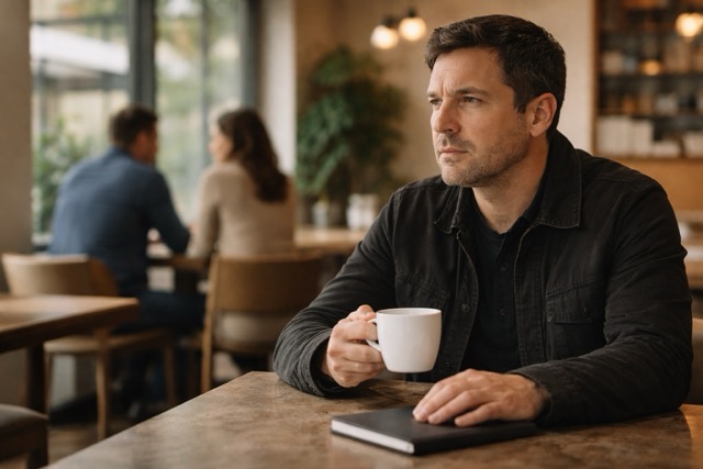 Private investigator sits calmly in a café with a notebook, observing surroundings as part of counter surveillance.