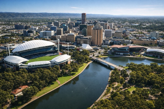 Aerial view of Adelaide city with the River Torrens and Adelaide Oval on a clear day, private investigator Adelaide.