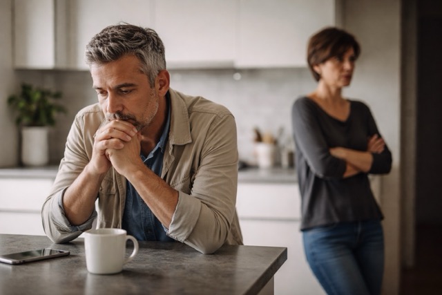 Private Investigator Brisbane. Concerned man at a kitchen bench while partner/subject of concern stands in the background, private investigator Brisbane context.
