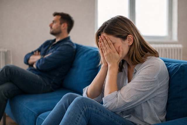 Distressed woman covers her face on a couch while the partner/subject of concern sits apart in the background, private investigator Brisbane.
