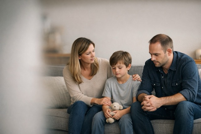 Spousebusters service child custody. Parents sit with their child on a couch in a calm home setting, reflecting on a child custody situation.