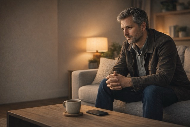 Worried client sits in a warm-lit living room with a phone on the table, considering professional surveillance support.