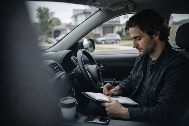 Private investigator in a parked vehicle writing field notes during lawful surveillance, with a phone and notebook on hand.