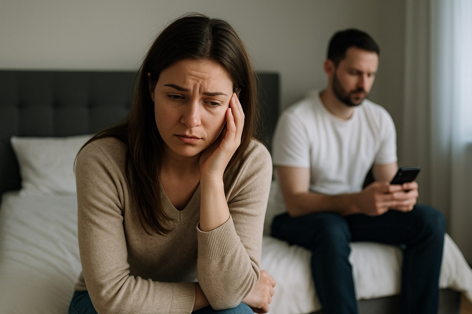 A woman looks heartbroken as her husband ignores her, focused on his phone—signaling emotional disconnection.