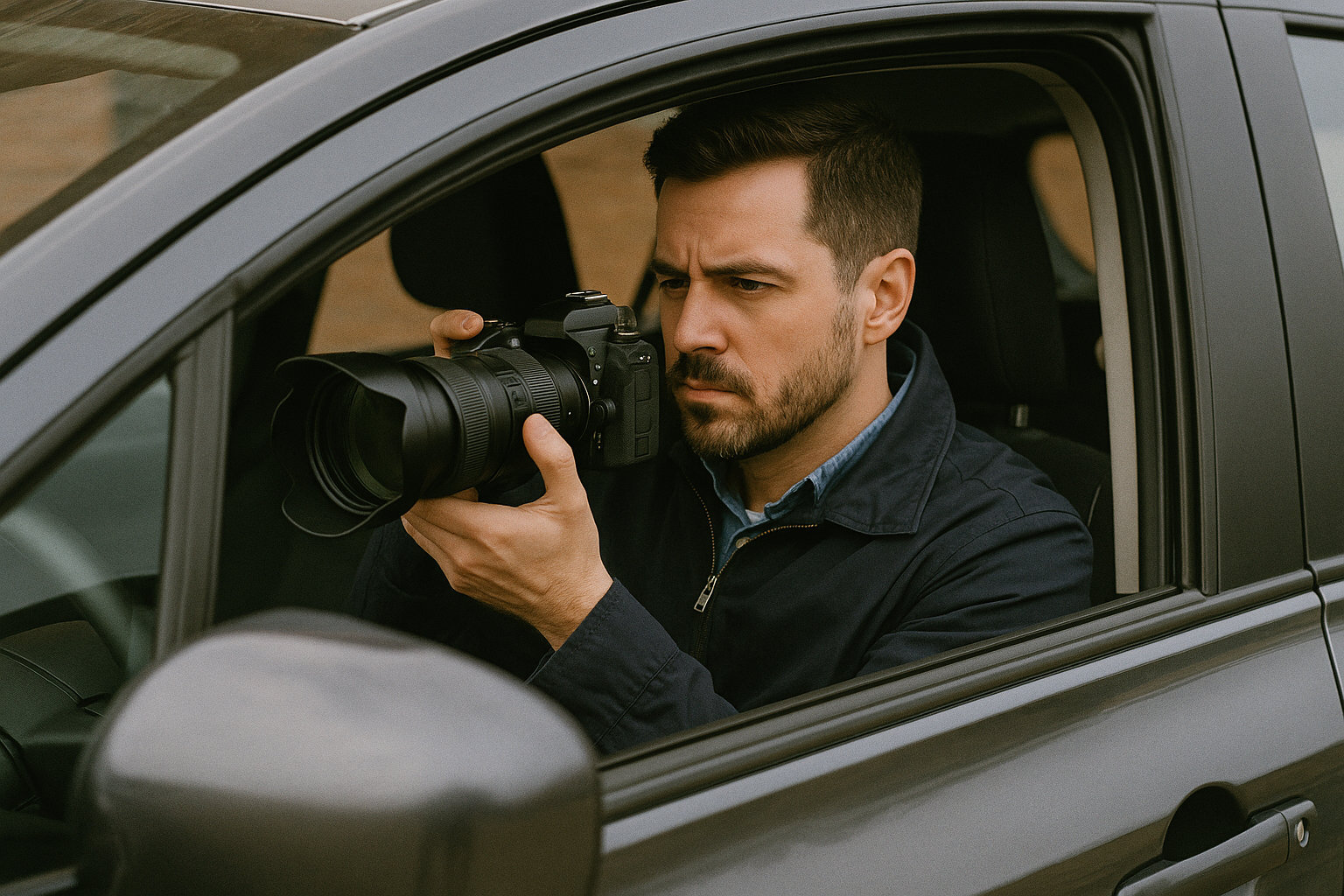 Private investigator conducting surveillance with a camera from a car window — discreet evidence collection by Spousebusters.