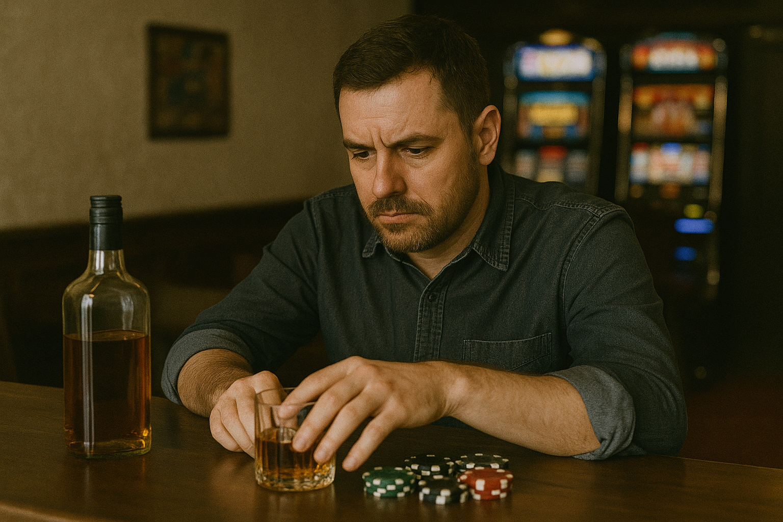 Man sitting at a bar with alcohol and poker chips, representing alcohol and gambling investigation services by Spousebusters.