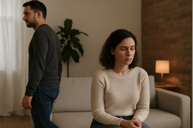 Worried client sits on a couch while the partner/subject of concern walks away in the background, private investigators in Tasmania.