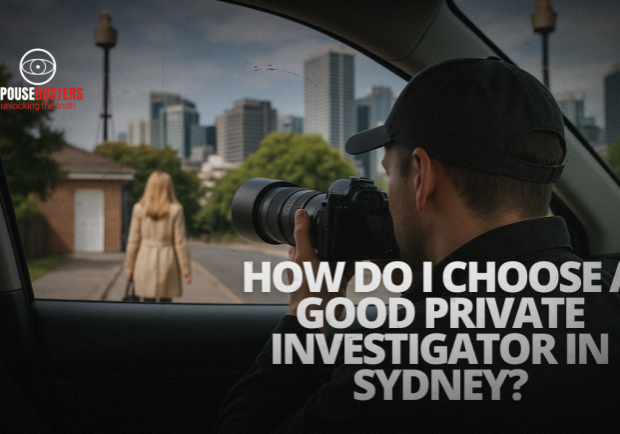 Private investigator using a camera from inside a vehicle to discreetly follow a woman in a city setting