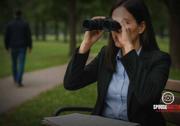 female private investigator using binoculars in park
