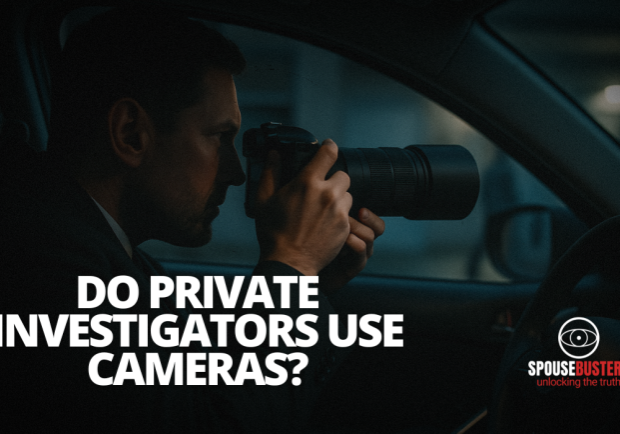 Private investigator inside a vehicle using a DSLR camera with a zoom lens during surveillance