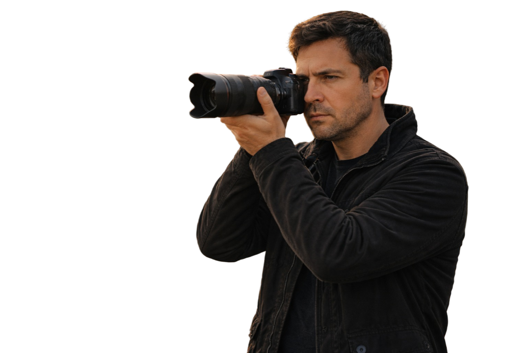 Spousebuster Private Investigator using a long-lens camera for lawful field documentation.