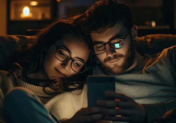 Couple lying together on a couch while looking at a phone screen in a dimly lit room