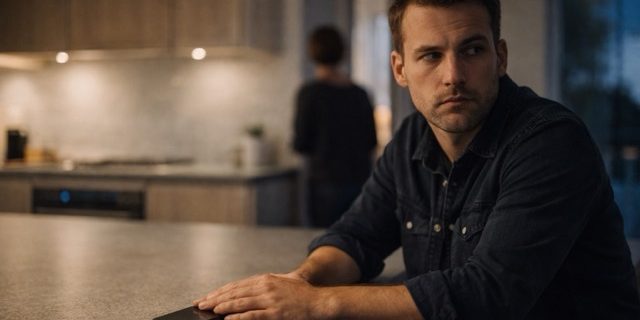 What we do. Partner/subject of concern covers a face-down smartphone at a kitchen island, appearing guarded and watchful.