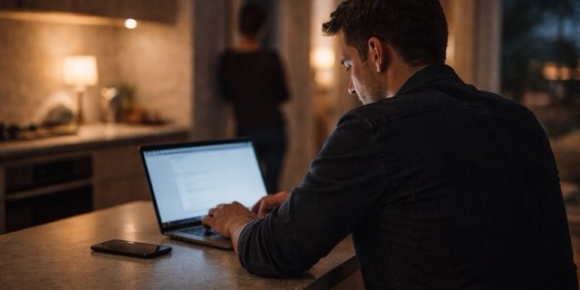 What we do. Partner/subject of concern works on a laptop at night with a phone face-down beside them, keeping things private.