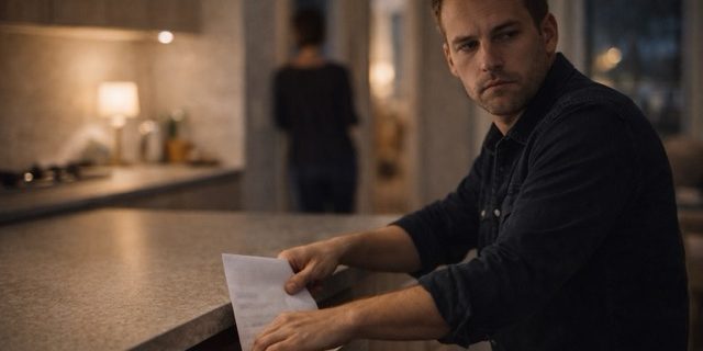 What we do. Partner/subject of concern slides a blank paper into a drawer at night, acting discreet and guarded.