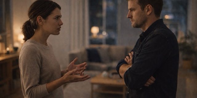 What we do. Couple in a softly lit living room speaks seriously at night, with tense body language and guarded expressions.