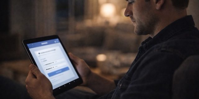 What we do. Partner/subject of concern holds a tablet close at night, focused on a blurred account settings screen.