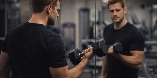 What we do. Partner/subject of concern lifts a dumbbell in a gym, watching their reflection with an intense, self-focused look.