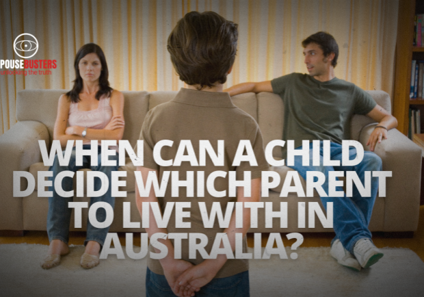 Child standing between two separated parents during a custody discussion in a home setting